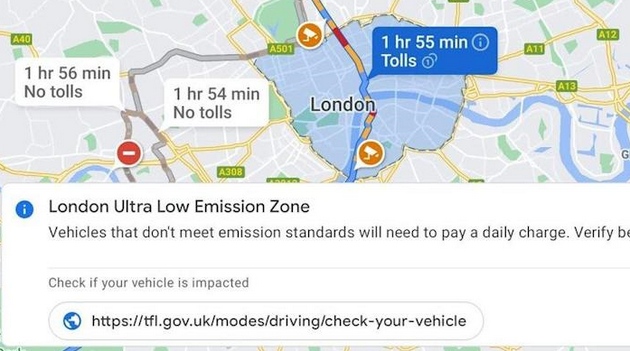 谷歌地图将向用户发出低排放区进入警告